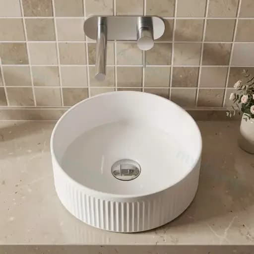 370×370mm Round Fluted Gloss White Ceramic Above Counter Art Basin — commercial plumbing specification