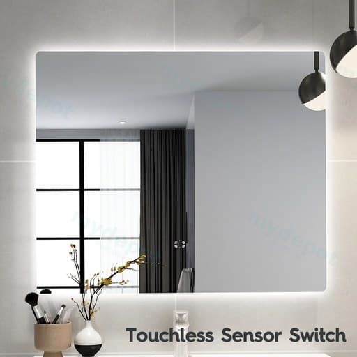 900×750mm Curved Rim Rectangle 3-Color Backlit LED Mirror with Touchless Sensor — commercial plumbing specification