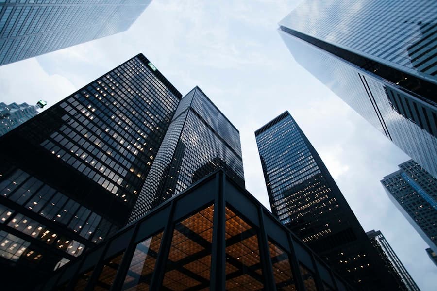 Glass facade of a commercial high-rise viewed from below