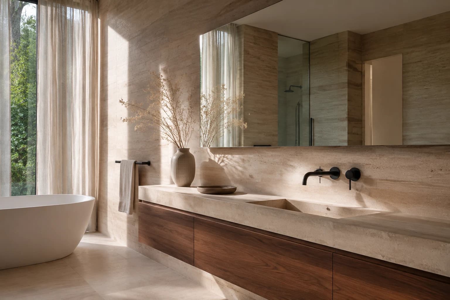 Architectural commercial bathroom suite with walnut vanity and matte black tapware