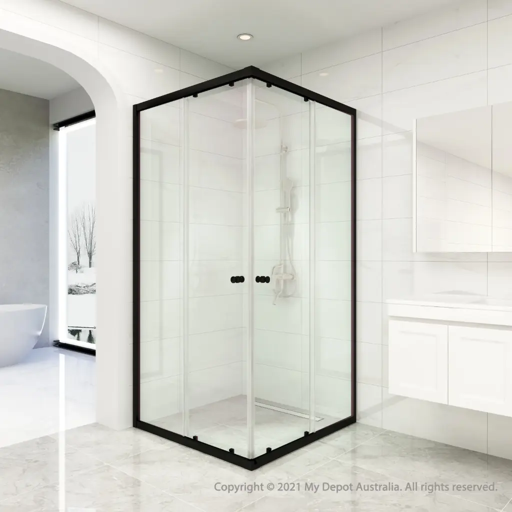 (New) Cora Semi Framed Shower Screens With Double Sliding Doors Matte Black Fittings 900x900mm