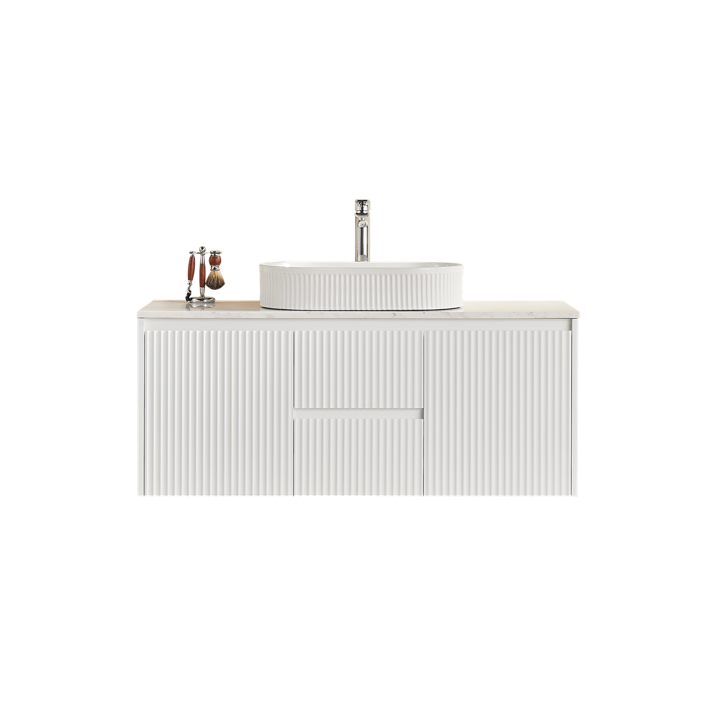 1190X455X480mm Matte White Crete Modern Fluted Wall Hung Vanity PVC Cabinet,Center Drawer