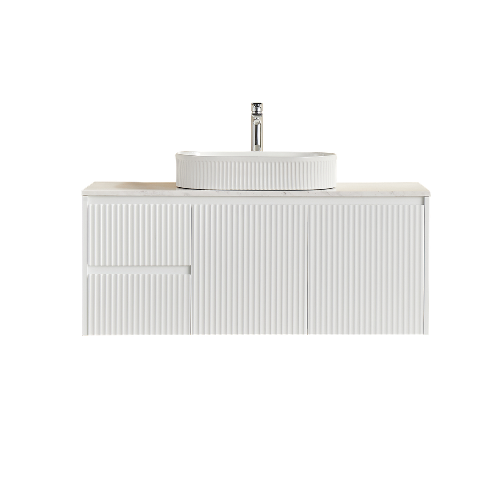 1190X455X480mm Matte White Crete Modern Fluted Wall Hung Vanity PVC Cabinet,Left Hand Drawers