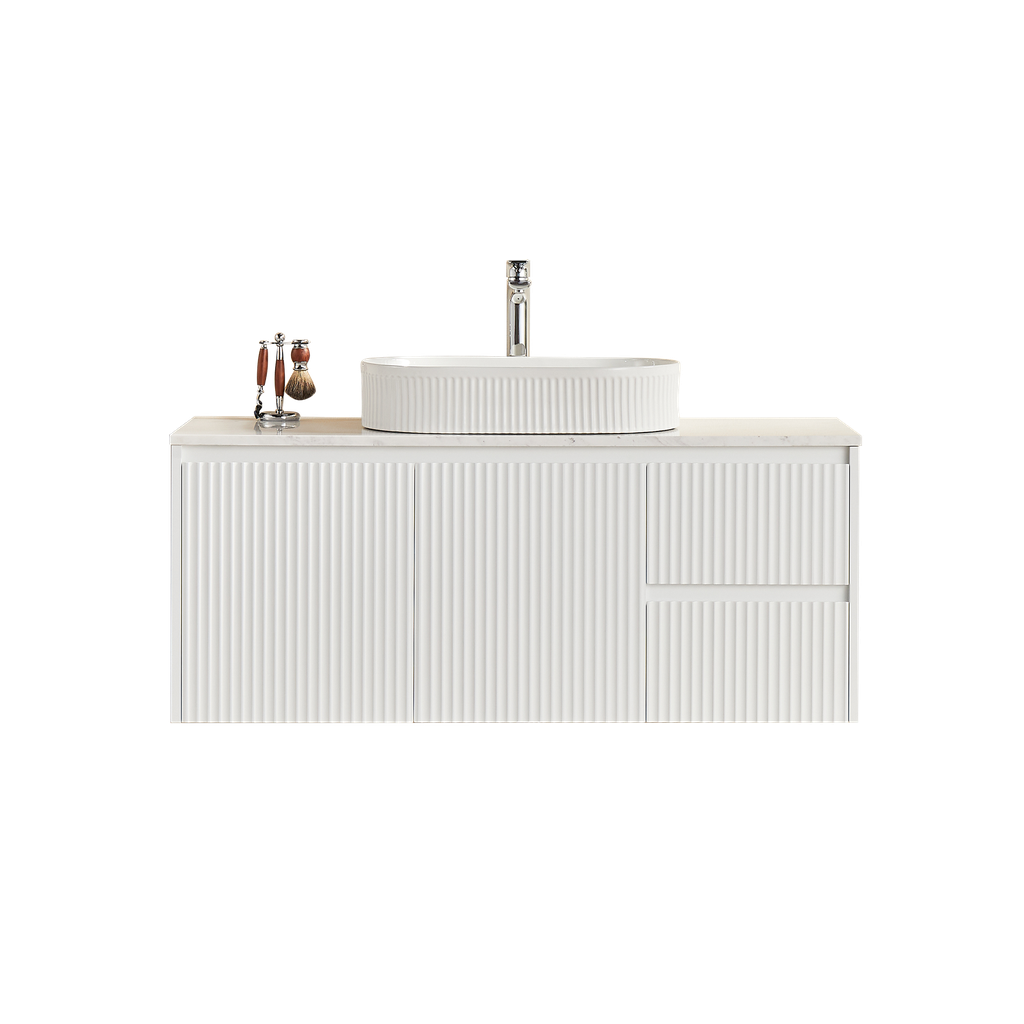 1190X455X480mm Matte White Crete Modern Fluted Wall Hung Vanity PVC Cabinet,Right Hand Drawers