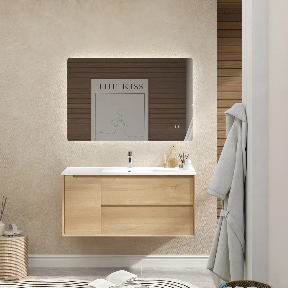 1200mm Bell Collection Natural Oak Plywood 2 Right Drawers 1 Left Door Wall Hung Bathroom Vanity Cabinet Only