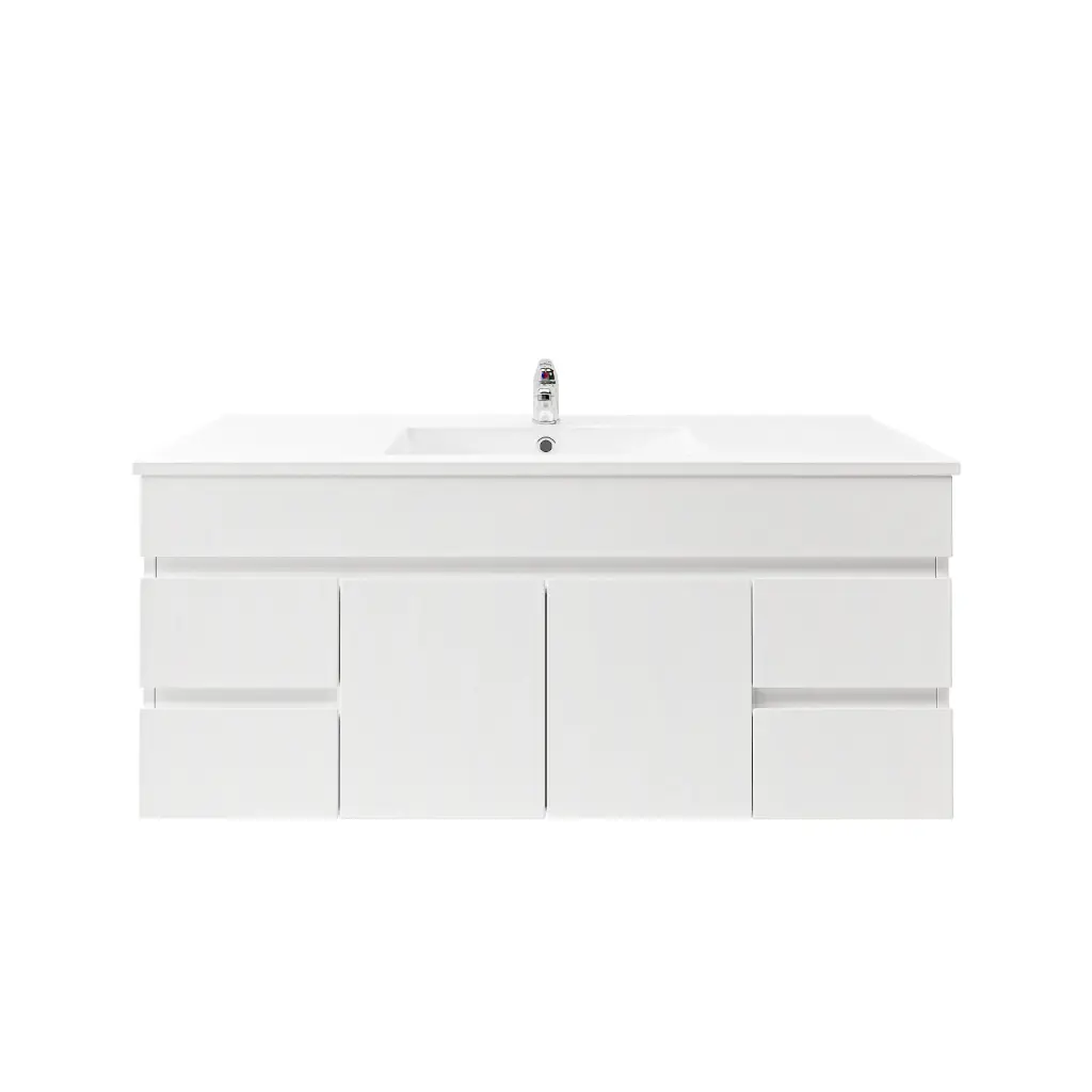 1200Lx500Hx450Dmm Gloss White 2PAC PVC 4S/DW 2M/DR Wall Hung Vanity