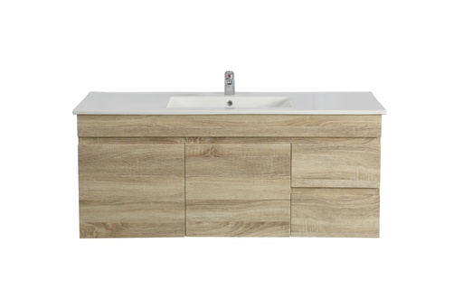 1200mm White Oak MDF Wall Hung Bathroom Vanity Cabinet Right Drawer PVC Vacuum Filmed