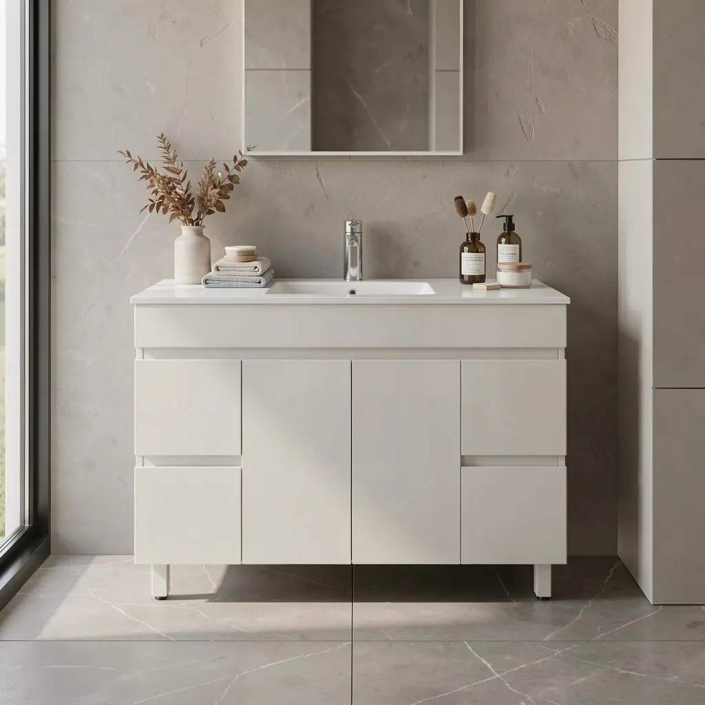 1200mm Gloss White MDF 2 Middle Doors 4 Side Drawers Freestanding Bathroom Vanity Cabinet Only