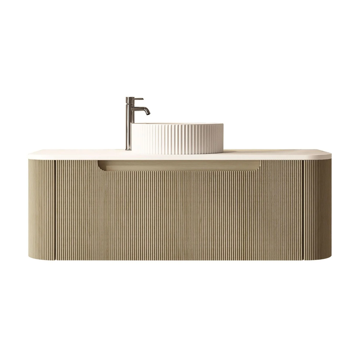 1200x460x400mm Rome Bur Oak Round Edge Grooved Wall Hung MDF Vanity With White Quartz Stone Top One Soft Closing Drawer