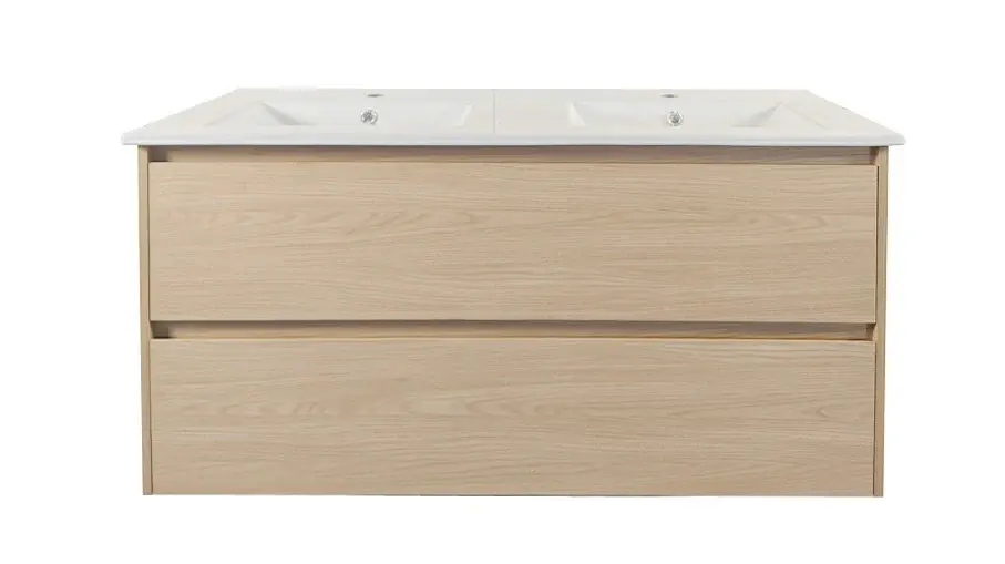 1200x460x560mm Hera Tas Oak Wall Hung MDF Vanity With Double Bowls Ceramic TOP Two Soft Closing Drawers