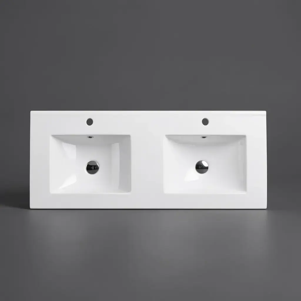 1205*470*180mm Gloss White Double Bowl Ceramic Top With Mixer Hole