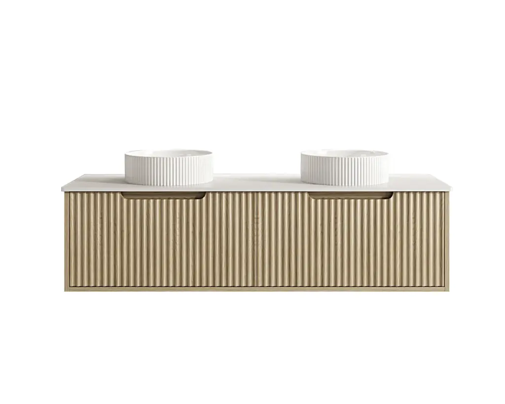 1490x455x390 Natural Oak Premium Straight Edge Wall Hung vanity With White  Stone Top