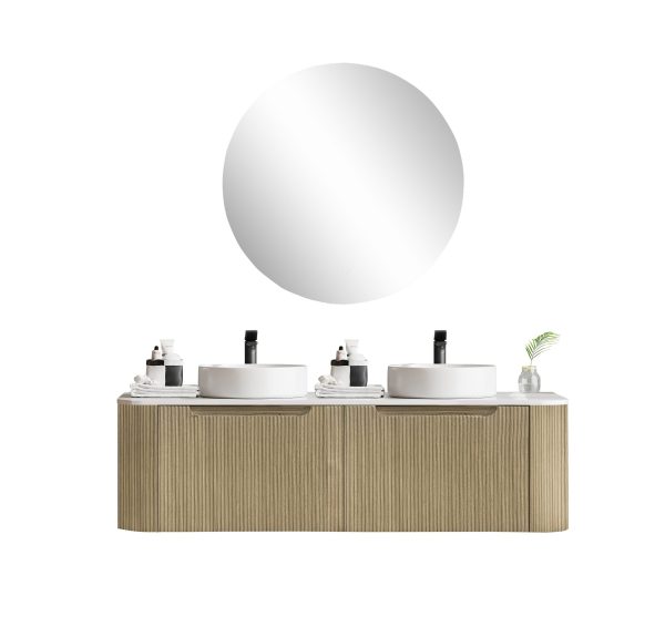 1500*460*400mm Bur Oak Round Edge Grooved Wall Hung Vanity Cabinet Only Soft Closed Double Drawer