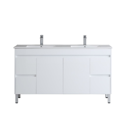 1500*460*880mm White Polyurethane PVC vanity with Double Bowl ceramic top