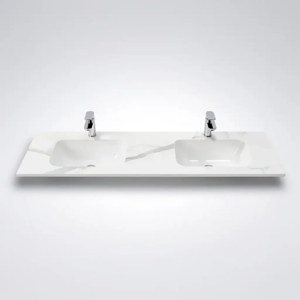 1500L*460D*180Hmm White Marble Look Sintered Stone Top With Double Undermount Basin