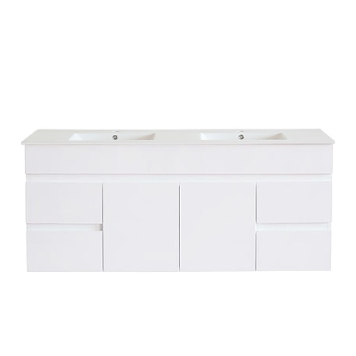 [91027/M154W] 1500Lx500Hx450Dmm Gloss White 2PAC MDF 4S/DW 2M/DR Wall Hung Vanity