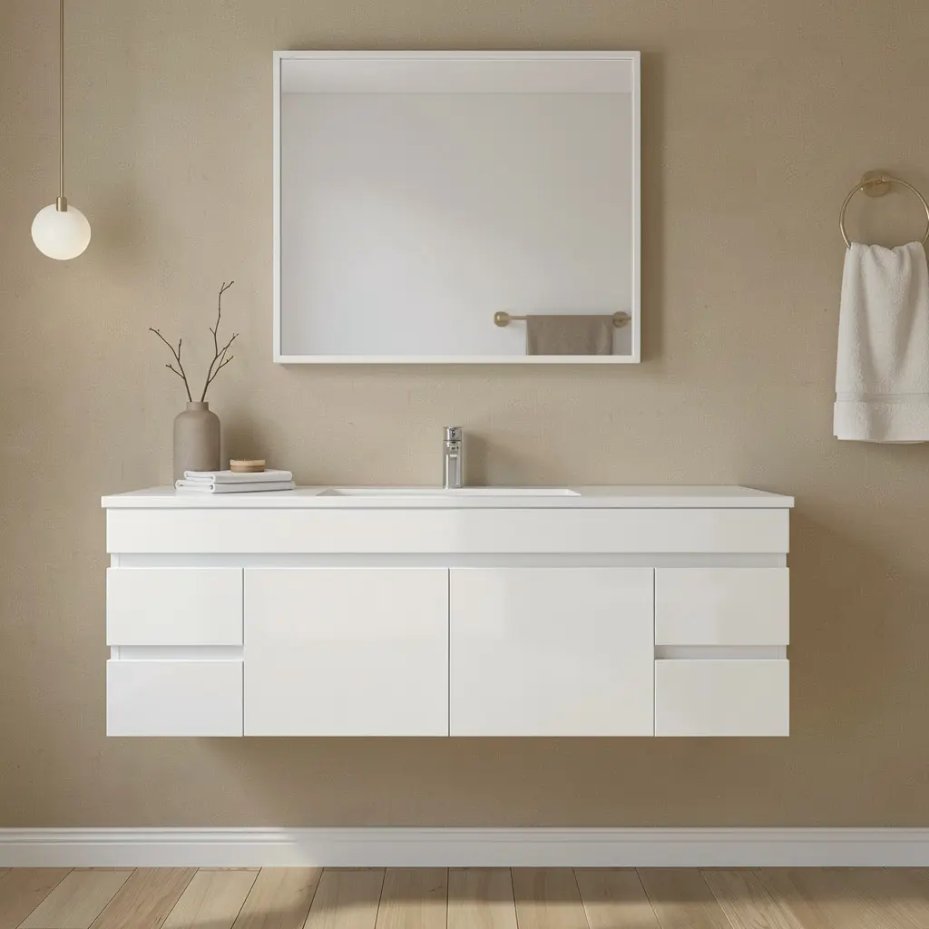 1500Lx500Hx450Dmm Gloss White 2PAC MDF 4S/DW 2M/DR Wall Hung Vanity