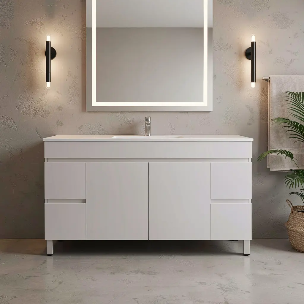 1500mm Gloss White MDF 4 Side Drawers 2 Middle Doors Freestanding Bathroom Vanity Cabinet Only