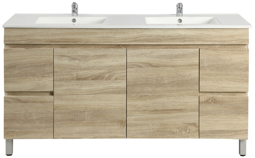 1500mm White Oak MDF Freestanding Bathroom Vanity Cabinet PVC Vacuum Filmed