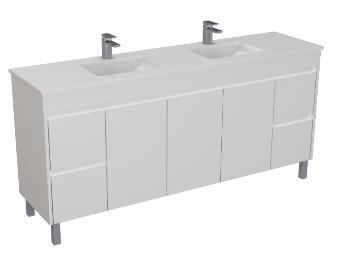 1800*460*880mm White Polyurethane PVC vanity Stone Top with Undermount Basins soft closing doors and drawers Optional: Poly Top with single or double basins DLG