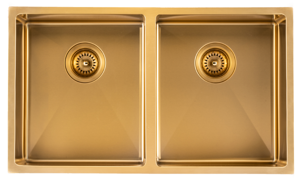 304 Stainless Steel Brushed Gold PVD Coating Double Bowl Kitchen Sink(Round Edges,with Bottom Tray)770*450*215mm