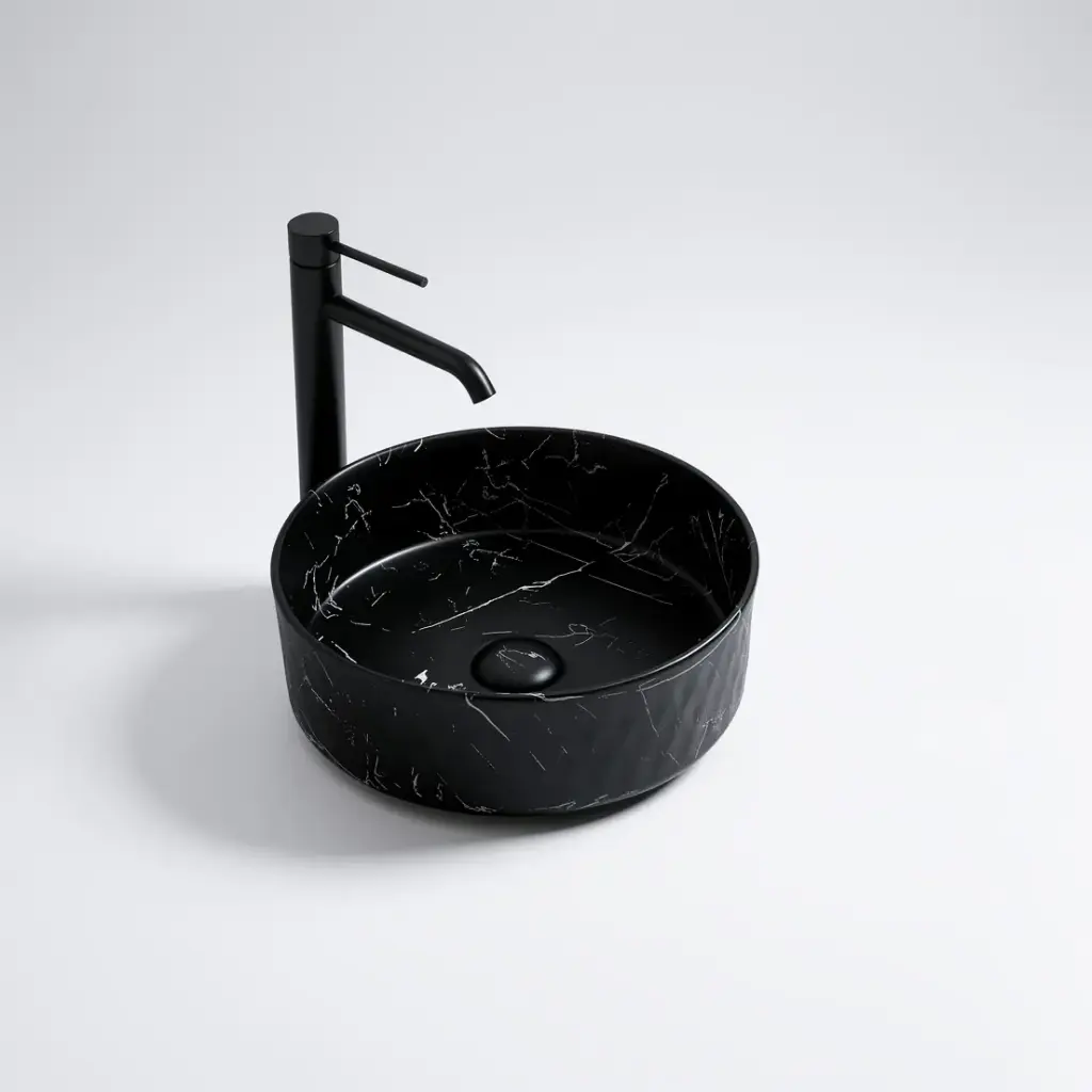 345*345*115mm Matte Carrara Black Ollia Fine Ceramic Above Counter Basin No Overflow,32mm Waste