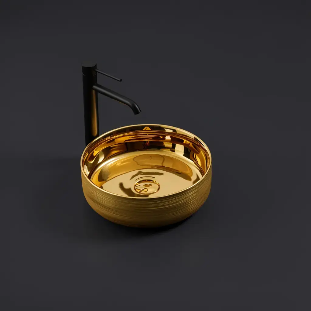 345*345*115mm Silky Gold Outside, Yellow Gold Ollia Fine Ceramic Above Counter Basin No Overflow,32mm Waste
