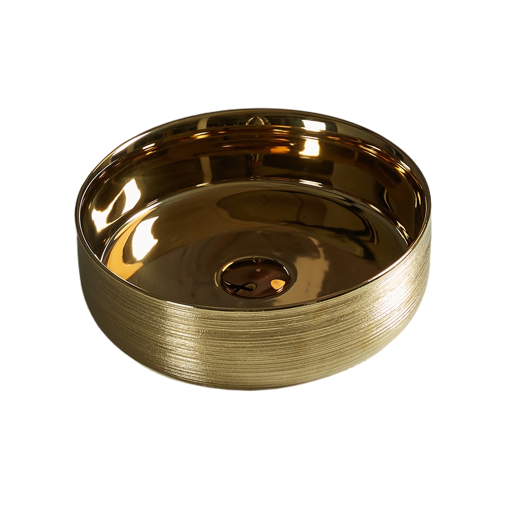 345*345*115mm Silky Gold Outside, Yellow Gold Ollia Fine Ceramic Above Counter Basin No Overflow,32mm Waste