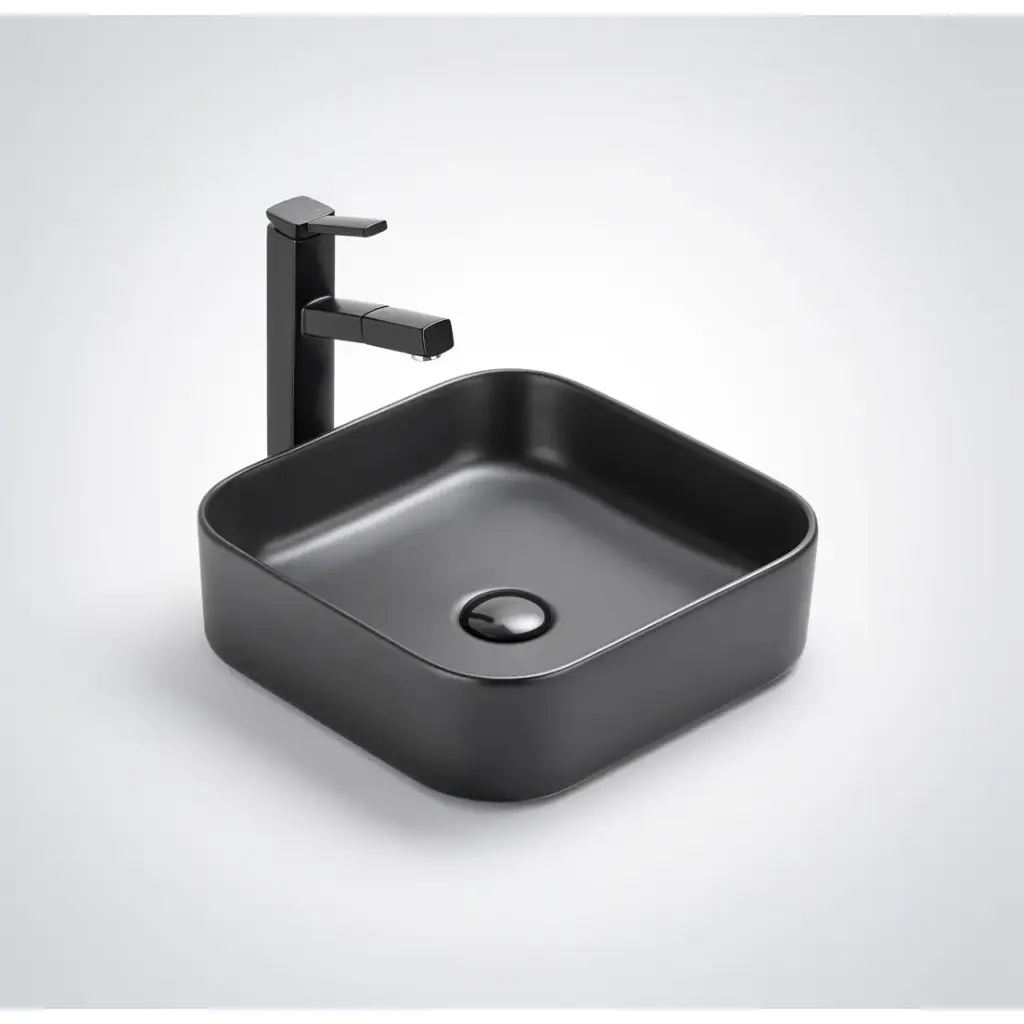 370*370*113mm Matte Black Kliff Fine Ceramic Above Counter Basin No Overflow,32mm Waste