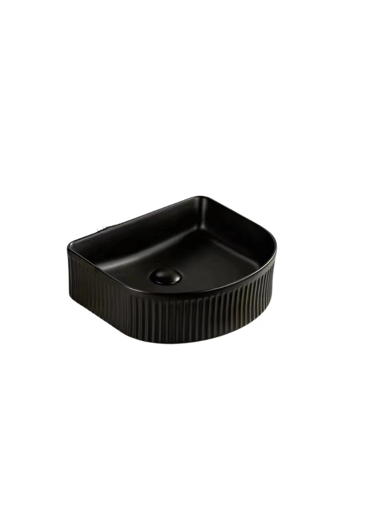 400*350*130mm Matt Black Arco Flueted Fine Ceramic Above Counter Basin No Overflow 32mm Waste