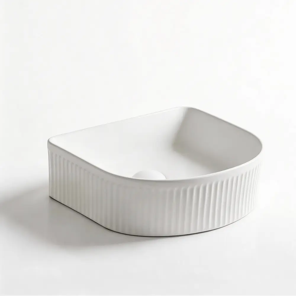 400*350*130mm Matt White Arco Flueted Fine Ceramic Above Counter Basin No Overflow 32mm Waste