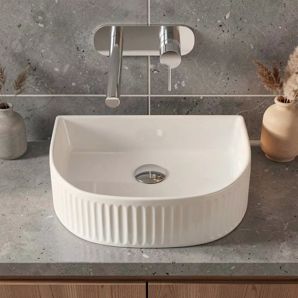 400x350x130mm Arch Fluted Gloss White Ceramic Art Basin Above Counter Basin