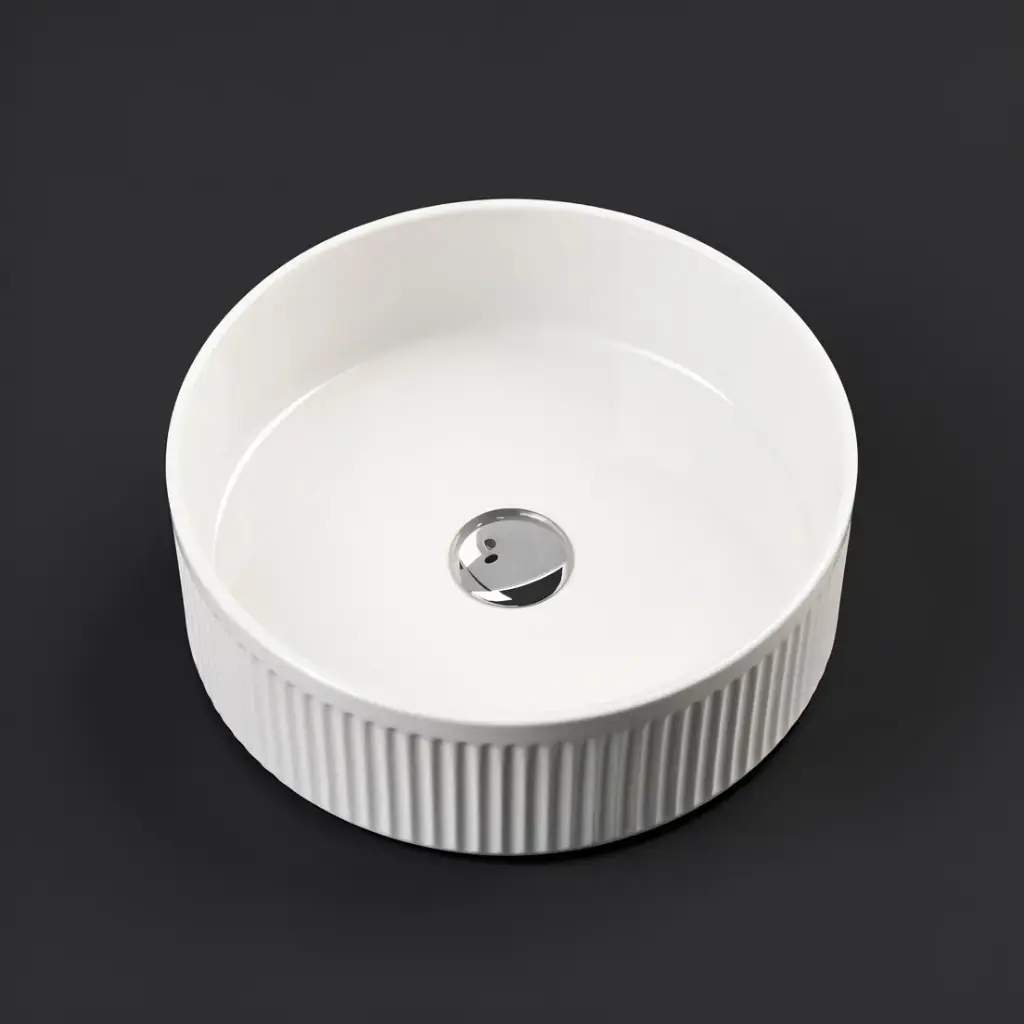 400x400x130mm Round Fluted Goss White Ceramic Art Basin Above Counter Basin