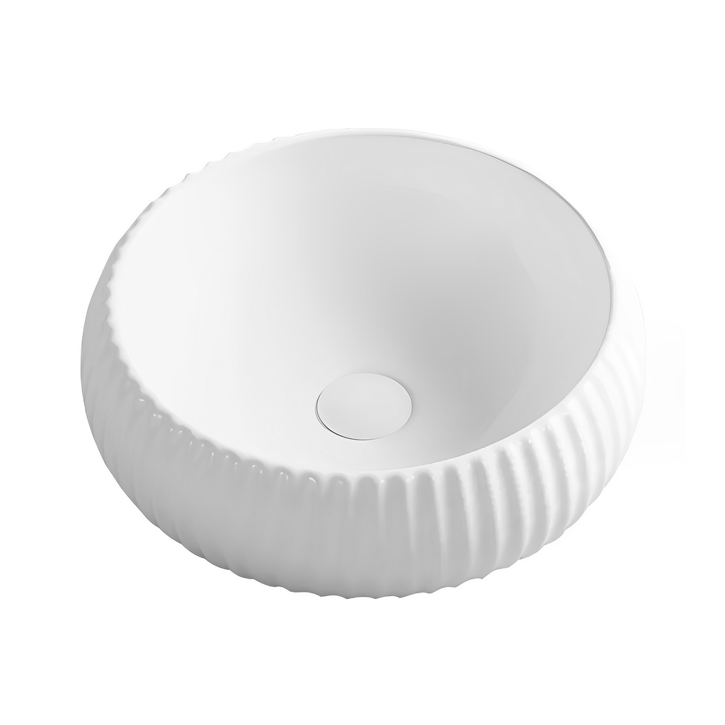 410*410*130mm Gloss White Oran Fine Ceramic Fluted Art Basin No Overflow,32mm Waste