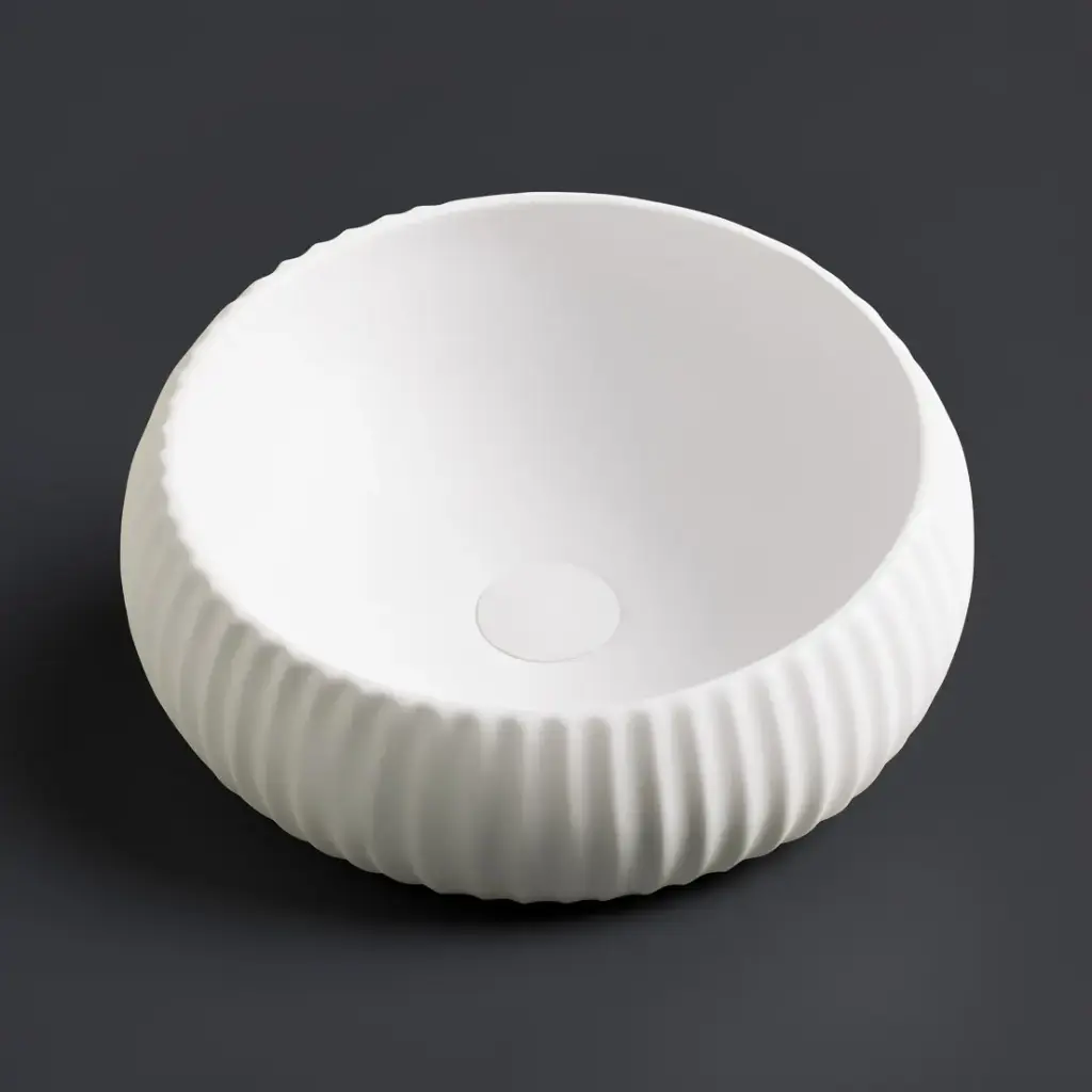 410*410*130mm Matte White Oran Fine Ceramic Fluted Art Basin No Overflow,32mm Waste