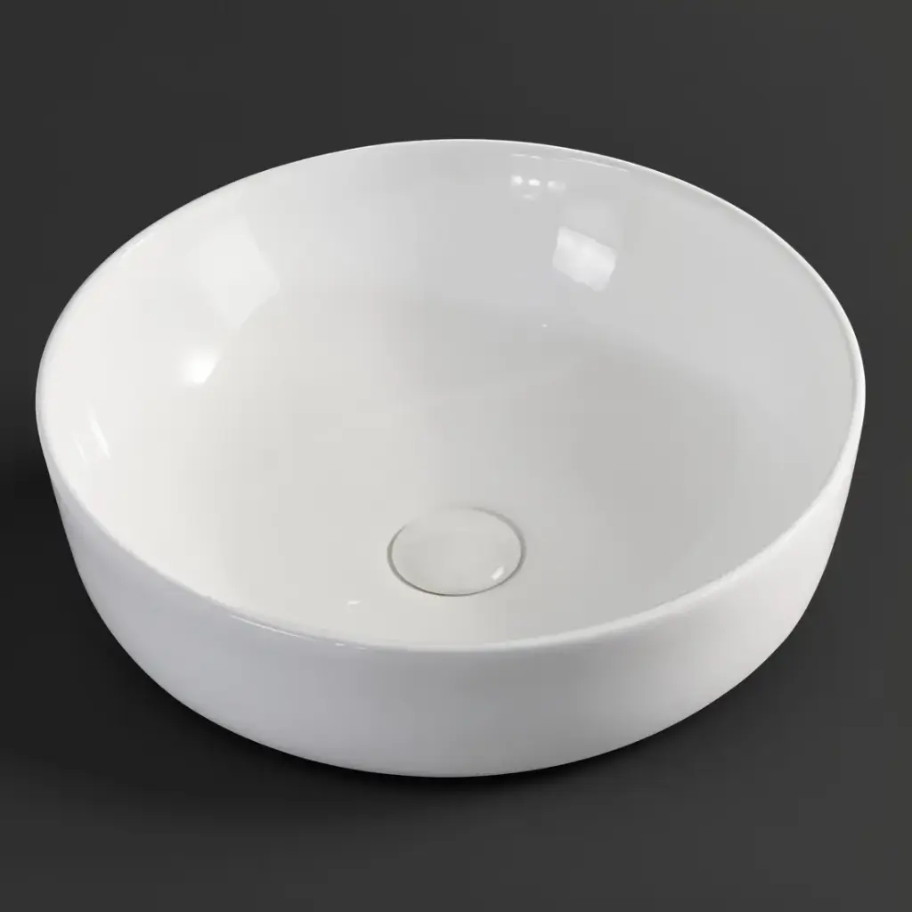 420*420*140mm Round Gloss White Ceramic Above Counter Basin With Tap Hole Non-overflow