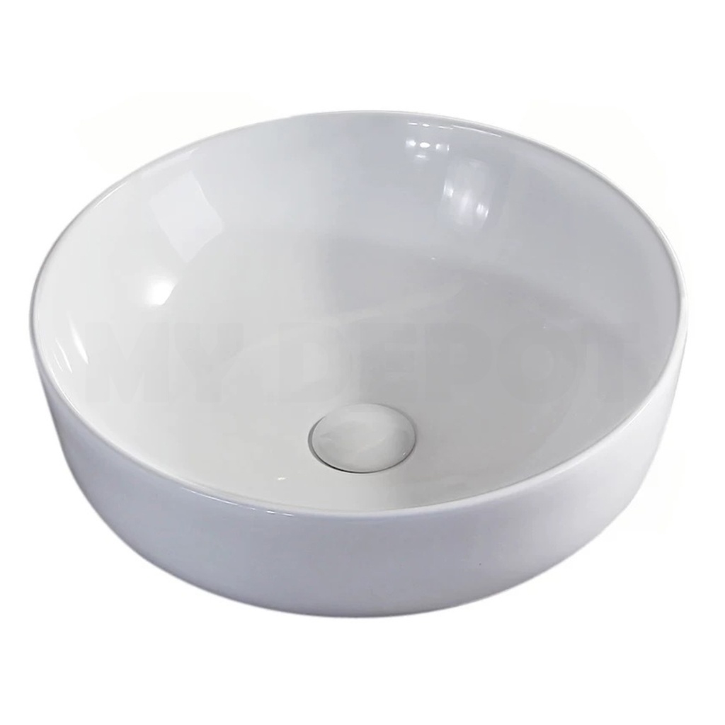 [90137/AC4214R] 420*420*140mm Round Gloss White Ceramic Above Counter Basin With Tap Hole Non-overflow