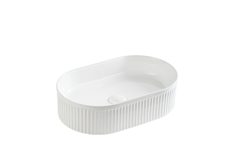 490*310*130mm Gloss White Ellips Fluted Fine Ceramic Above Counter Basin No Overflow 32mm Waste