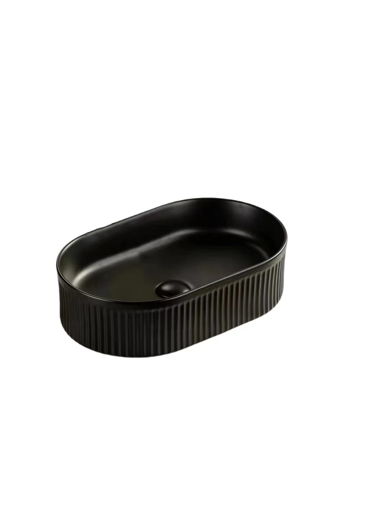 490*310*130mm Matte Balck Ellips Fluted Fine Ceramic Above Counter Basin No Overflow 32mm Waste