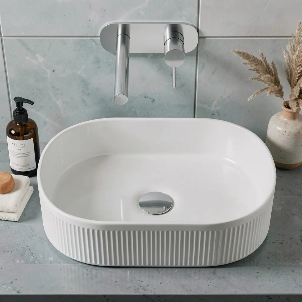 490x310x130mm Pill Fluted Gloss White Ceramic Art Basin Above Counter Basin