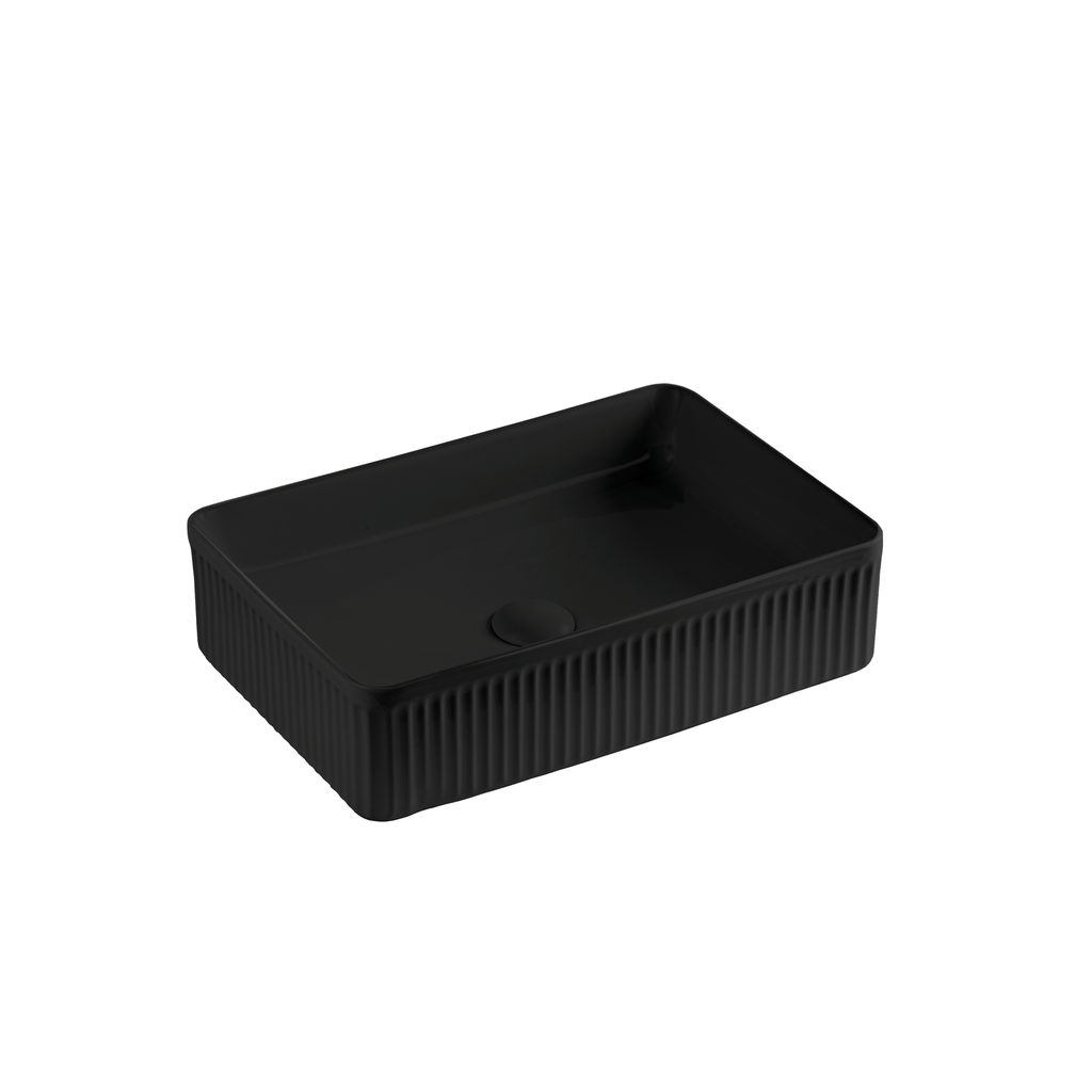 [55431] 500*340*130mm Matte Black Crete Flueted Fine Ceramic Above Counter Basin No Overflow 32mm Waste