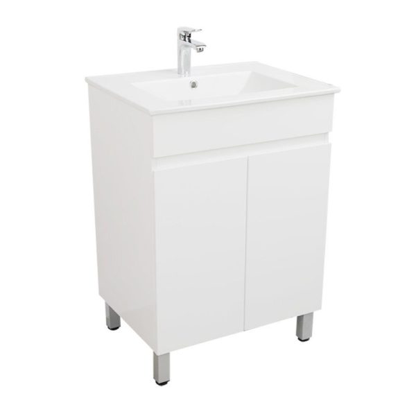 600*450*710mm Freestangding Gloss White PVC Vanity With Ceramic Top