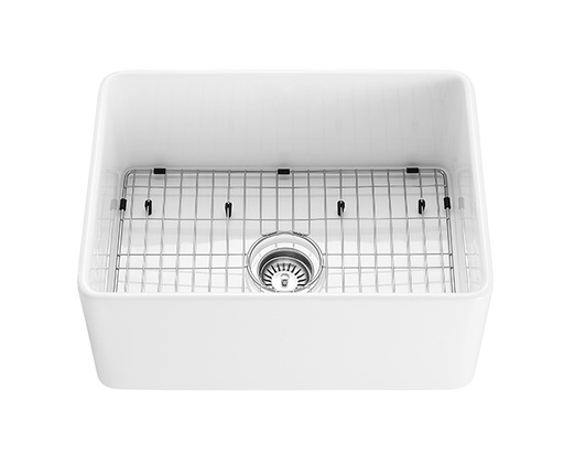 600*451*253mm Gross White Chelsea Fireclay Farmhouse Single Sink Bottom Grid & Chrome Basket Waste (FCSW) Included