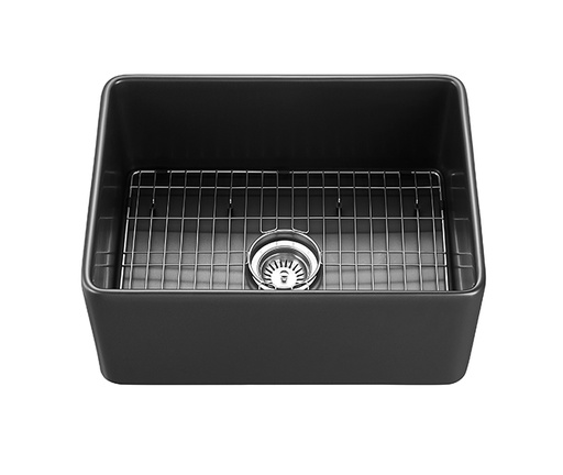 600*451*253mm Matte Black Chelsea Fireclay Farmhouse Single Sink Bottom Grid & Chrome Basket Waste (FCSW) Included