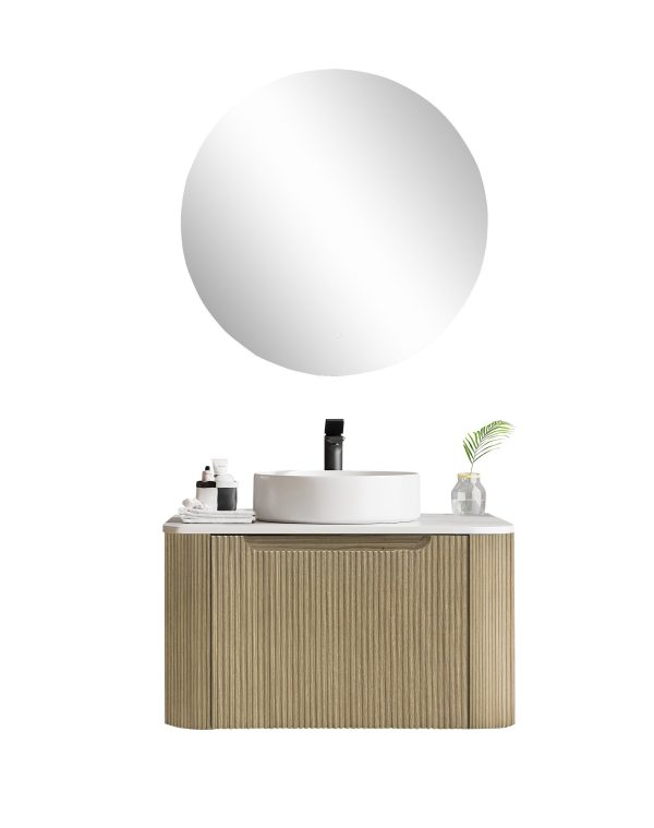 [50419] 600*460*400mm Bur Oak Round Edge Grooved Wall Hung Vanity Cabinet Only Soft Closed Single Drawer