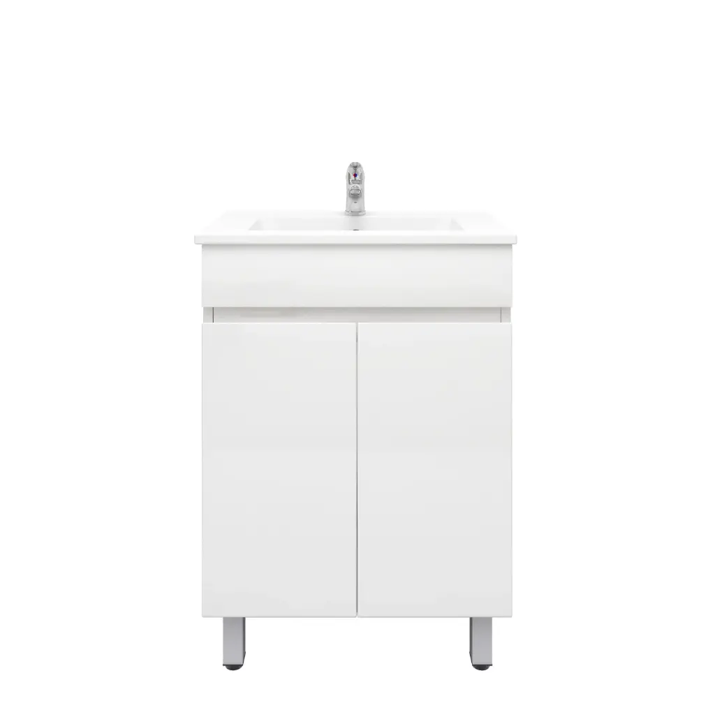 600mm Slim Freestanding Bathroom Vanity Cabinet with Legs PVC 2 Door Gloss White