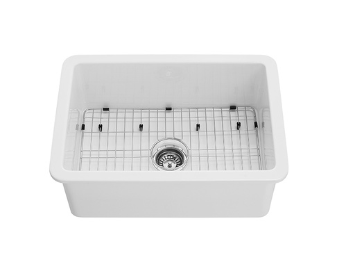 677*470*250mm Gross White Camden Fireclay Square Insert/Undermound Sinks Bottom Grid & Chrome Basket Waste (FCSW) Included