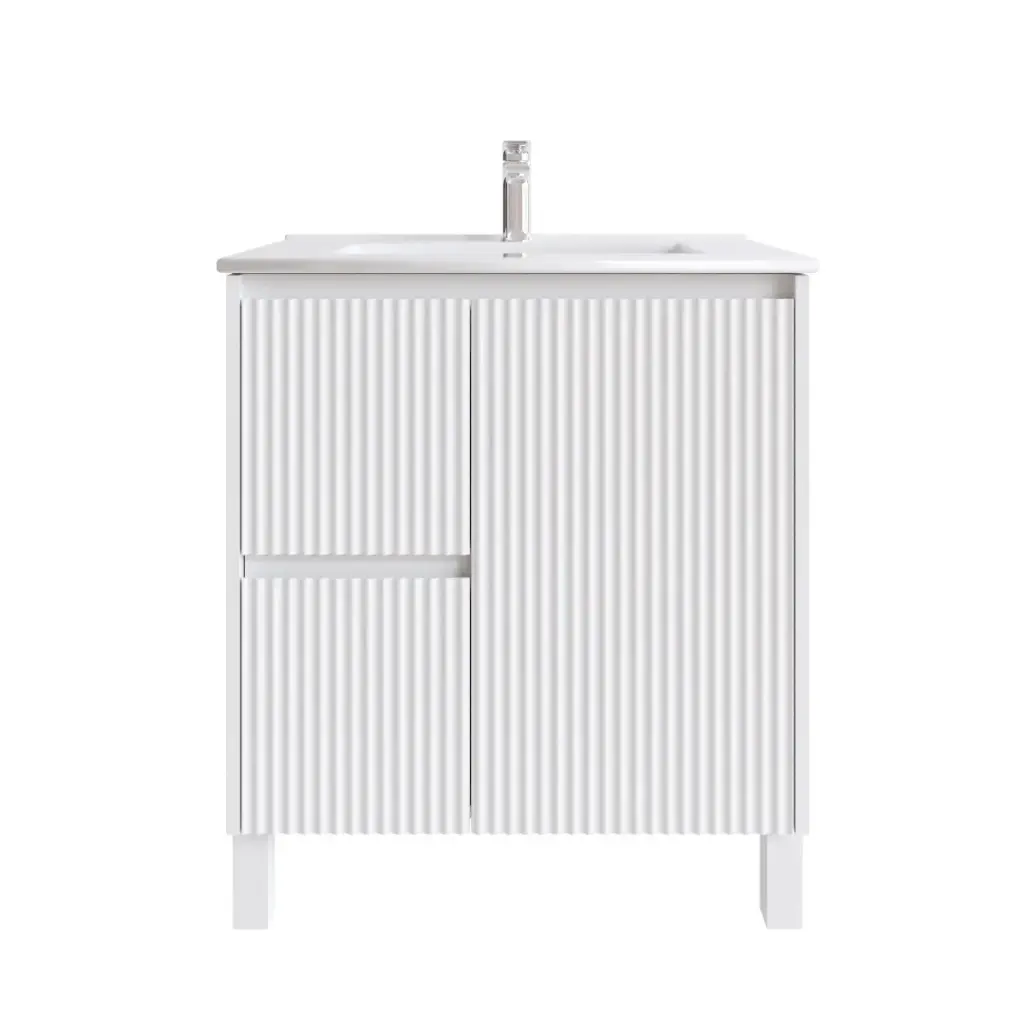 750mm Freestanding Bathroom Vanity Cabinet with Legs PVC Left Drawer Fluted Matte White