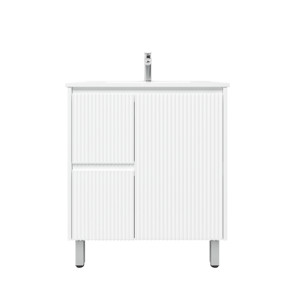 750mm Brio Freestanding Bathroom Vanity Cabinet with Legs PVC Left Drawer Fluted Matte White