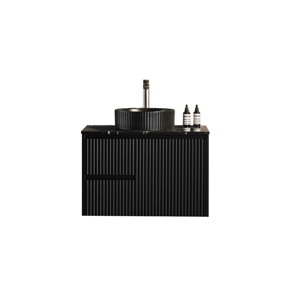 740X455X480mm Matte Black Crete Modern Fluted Wall Hung Vanity PVC Cabinet,Left Hand Drawers